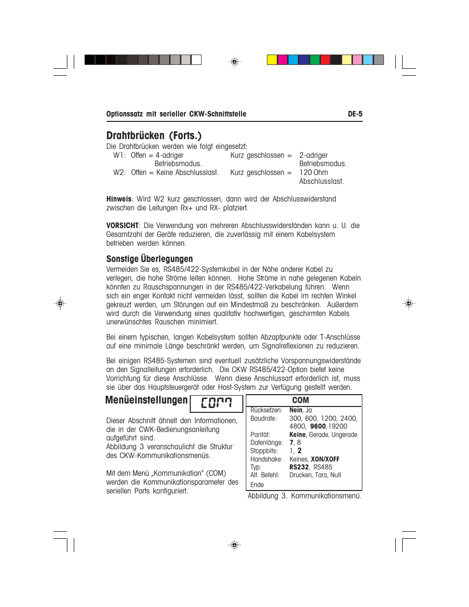 Drahtbrücken (forts.), Menüeinstellungen | Ohaus CKW WASHDOWN CHECKWEIGHING SCALES_INDICATOR CKW RS485_422 Serial Interface Option Kit Manual multi User Manual | Page 36 / 52