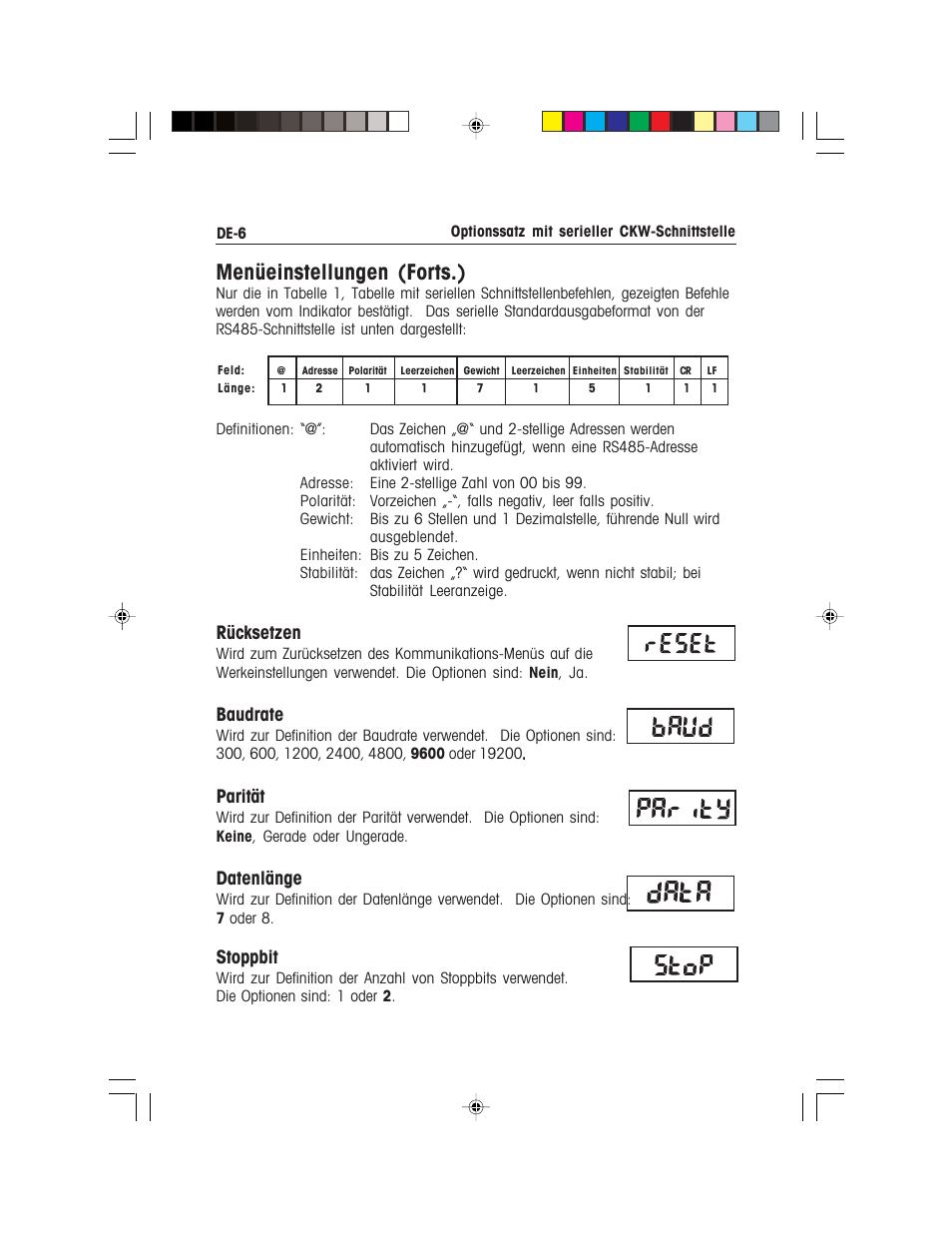 Menüeinstellungen (forts.), Rücksetzen, Baudrate | Parität, Datenlänge, Stoppbit | Ohaus CKW WASHDOWN CHECKWEIGHING SCALES_INDICATOR CKW RS485_422 Serial Interface Option Kit Manual multi User Manual | Page 37 / 52