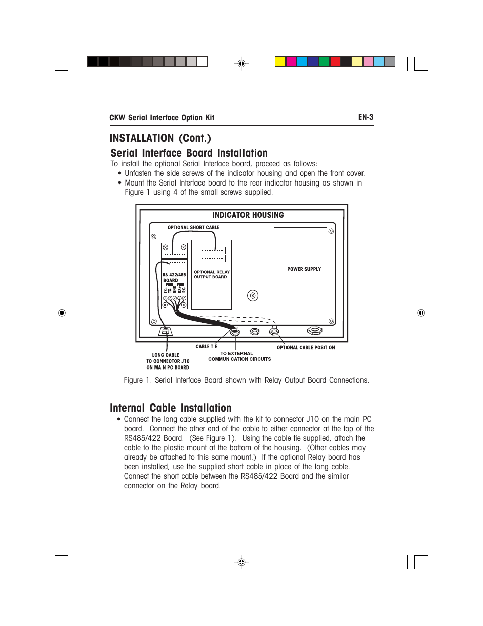 Internal cable installation, Serial interface board installation, Installation (cont.) | Ohaus CKW WASHDOWN CHECKWEIGHING SCALES_INDICATOR CKW RS485_422 Serial Interface Option Kit Manual multi User Manual | Page 4 / 52