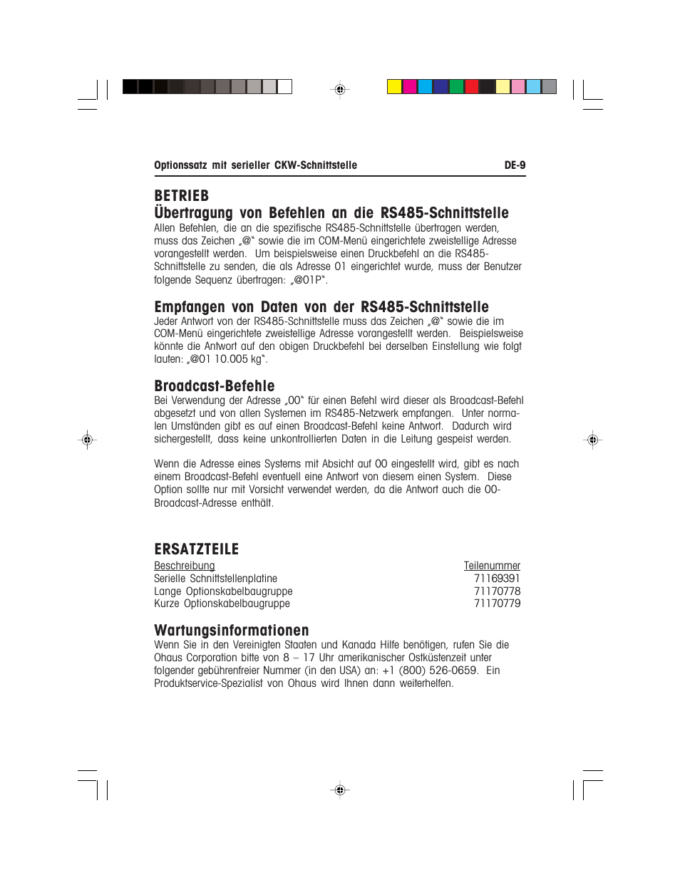 Empfangen von daten von der rs485-schnittstelle, Broadcast-befehle, Ersatzteile | Wartungsinformationen | Ohaus CKW WASHDOWN CHECKWEIGHING SCALES_INDICATOR CKW RS485_422 Serial Interface Option Kit Manual multi User Manual | Page 40 / 52