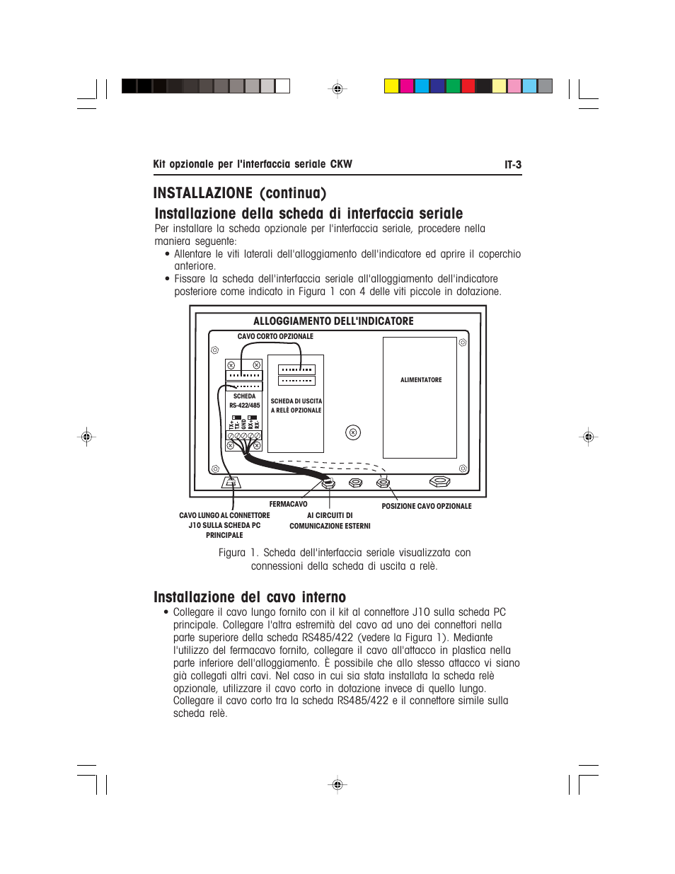Installazione del cavo interno, Installazione della scheda di interfaccia seriale, Installazione (continua) | Ohaus CKW WASHDOWN CHECKWEIGHING SCALES_INDICATOR CKW RS485_422 Serial Interface Option Kit Manual multi User Manual | Page 44 / 52