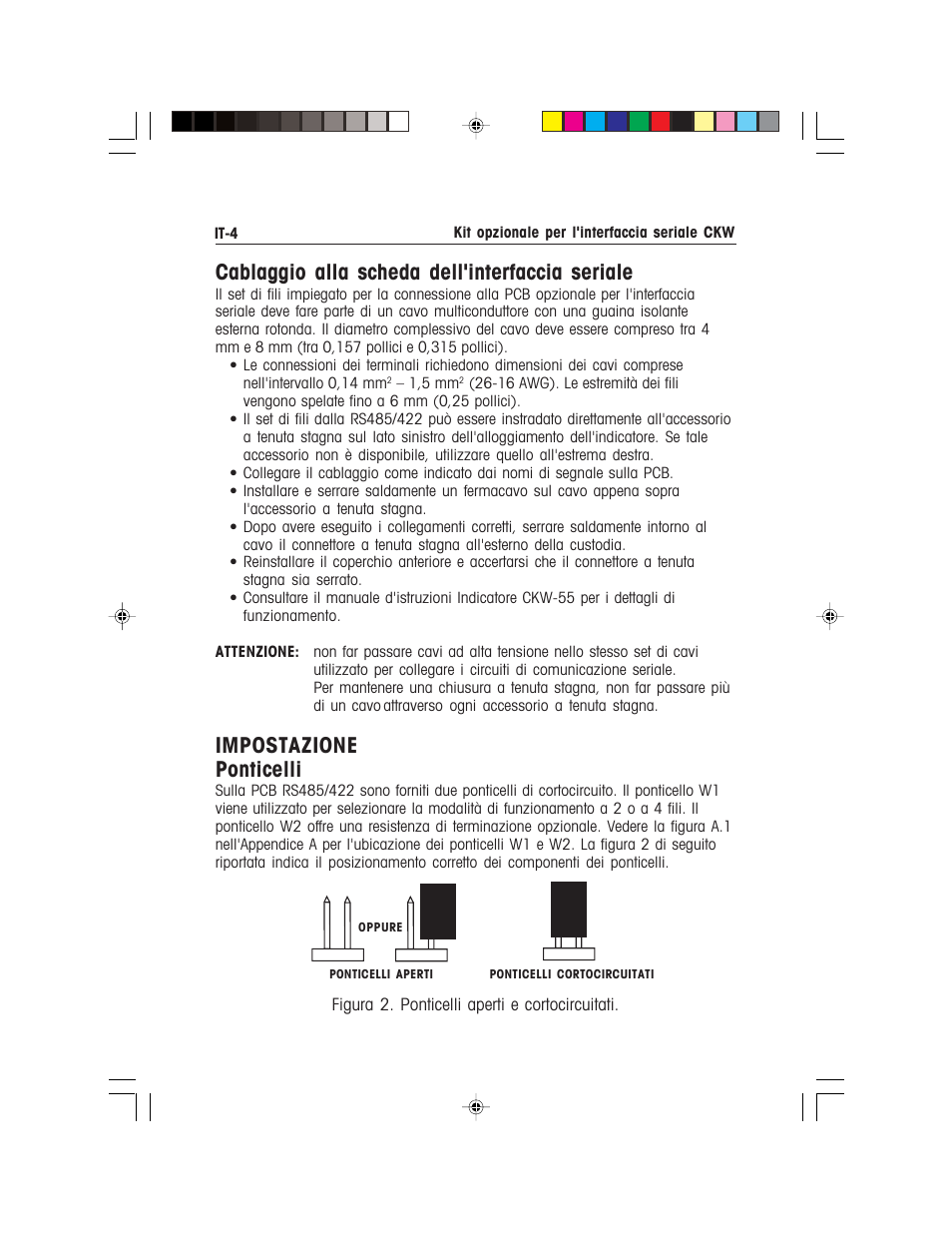 Cablaggio alla scheda dell'interfaccia seriale, Impostazione ponticelli | Ohaus CKW WASHDOWN CHECKWEIGHING SCALES_INDICATOR CKW RS485_422 Serial Interface Option Kit Manual multi User Manual | Page 45 / 52