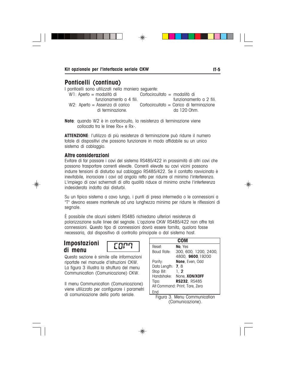 Ponticelli (continua), Impostazioni di menu | Ohaus CKW WASHDOWN CHECKWEIGHING SCALES_INDICATOR CKW RS485_422 Serial Interface Option Kit Manual multi User Manual | Page 46 / 52