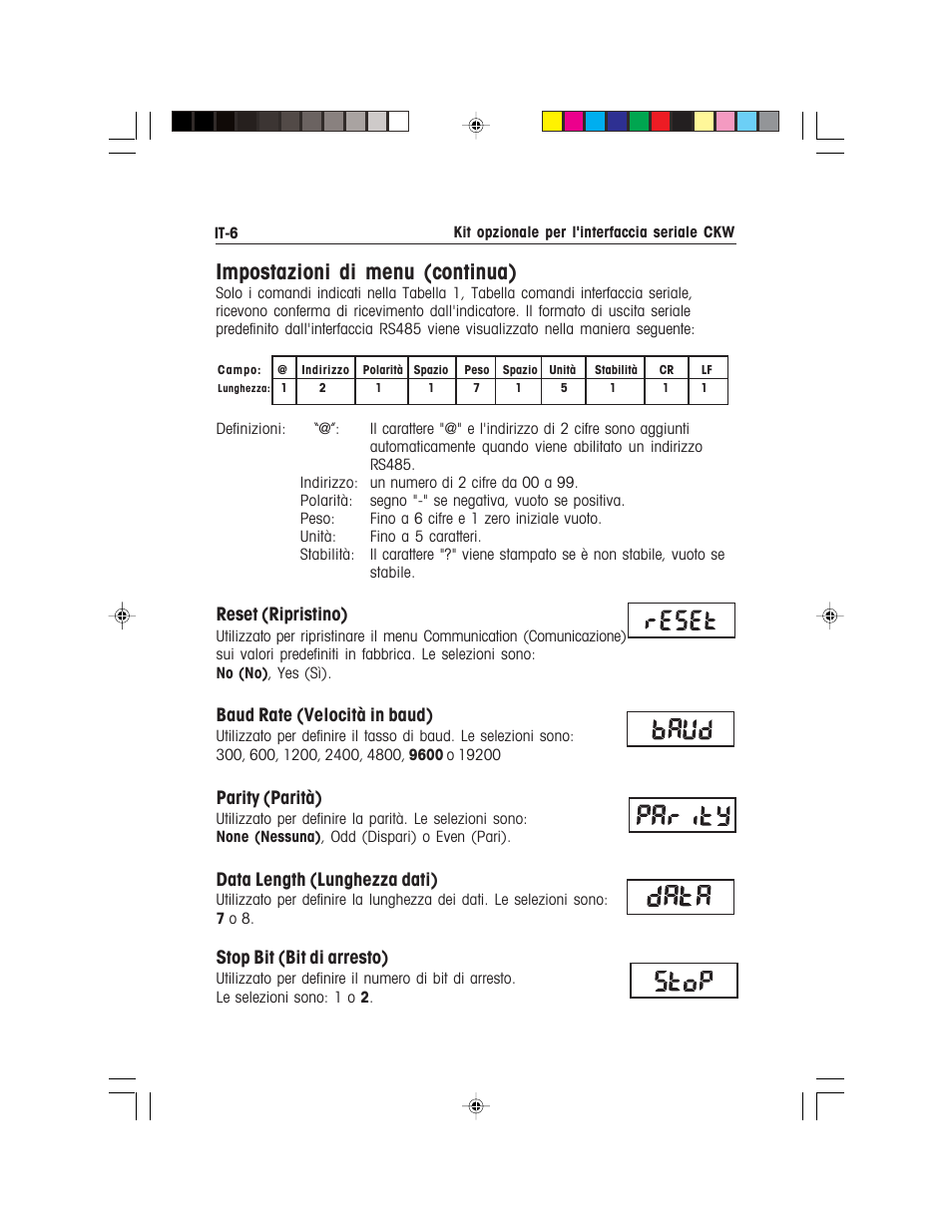 Impostazioni di menu (continua), Reset (ripristino), Baud rate (velocità in baud) | Parity (parità), Data length (lunghezza dati), Stop bit (bit di arresto) | Ohaus CKW WASHDOWN CHECKWEIGHING SCALES_INDICATOR CKW RS485_422 Serial Interface Option Kit Manual multi User Manual | Page 47 / 52