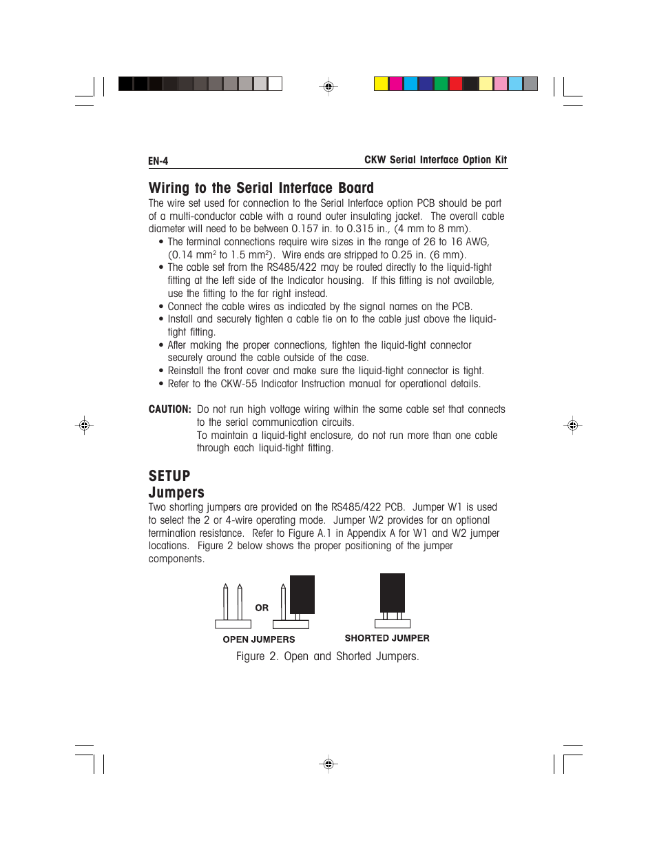Wiring to the serial interface board, Setup jumpers | Ohaus CKW WASHDOWN CHECKWEIGHING SCALES_INDICATOR CKW RS485_422 Serial Interface Option Kit Manual multi User Manual | Page 5 / 52