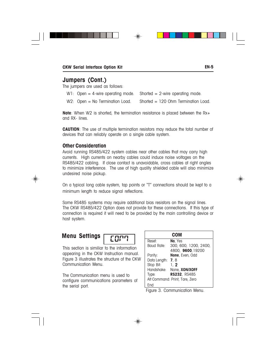 Jumpers (cont.), Menu settings | Ohaus CKW WASHDOWN CHECKWEIGHING SCALES_INDICATOR CKW RS485_422 Serial Interface Option Kit Manual multi User Manual | Page 6 / 52