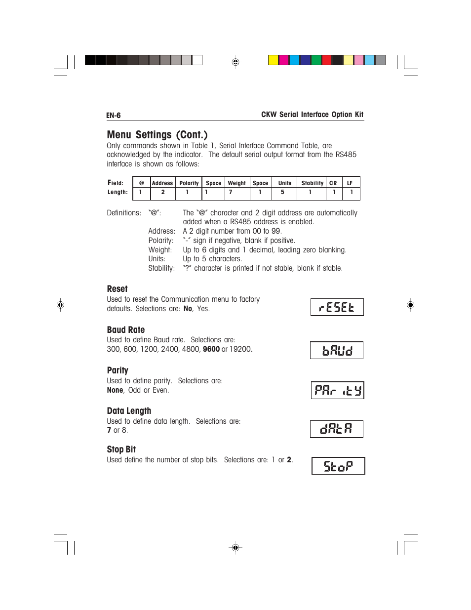 Menu settings (cont.), Reset, Baud rate | Parity, Data length, Stop bit | Ohaus CKW WASHDOWN CHECKWEIGHING SCALES_INDICATOR CKW RS485_422 Serial Interface Option Kit Manual multi User Manual | Page 7 / 52