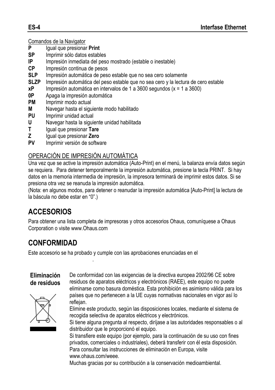 Accesorios, Conformidad | Ohaus NAVIGATOR NVT Ethernet Interface Manual multi User Manual | Page 10 / 32