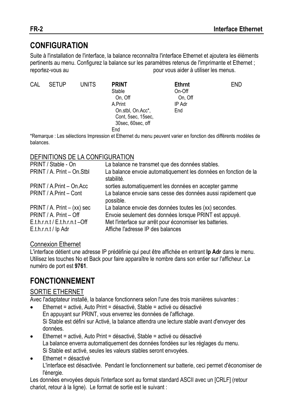 Configuration, Fonctionnement | Ohaus NAVIGATOR NVT Ethernet Interface Manual multi User Manual | Page 12 / 32