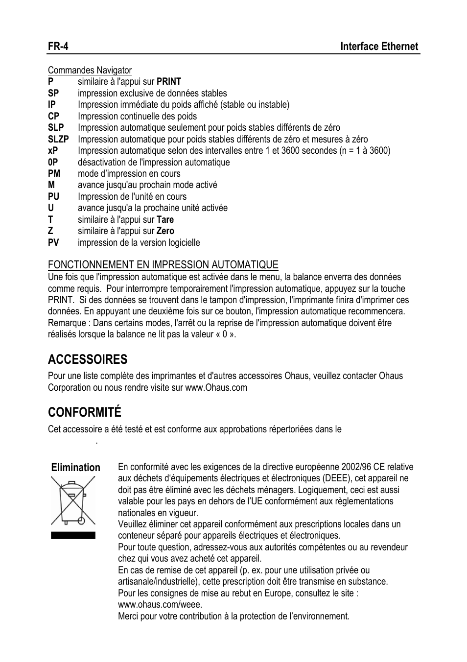 Accessoires, Conformité | Ohaus NAVIGATOR NVT Ethernet Interface Manual multi User Manual | Page 14 / 32