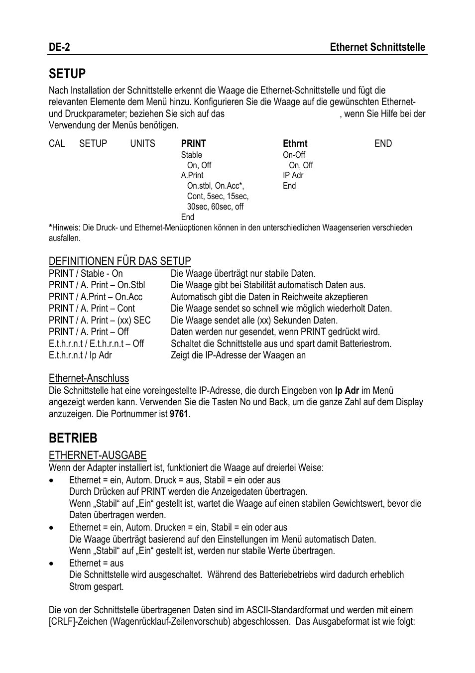 Setup, Betrieb | Ohaus NAVIGATOR NVT Ethernet Interface Manual multi User Manual | Page 16 / 32