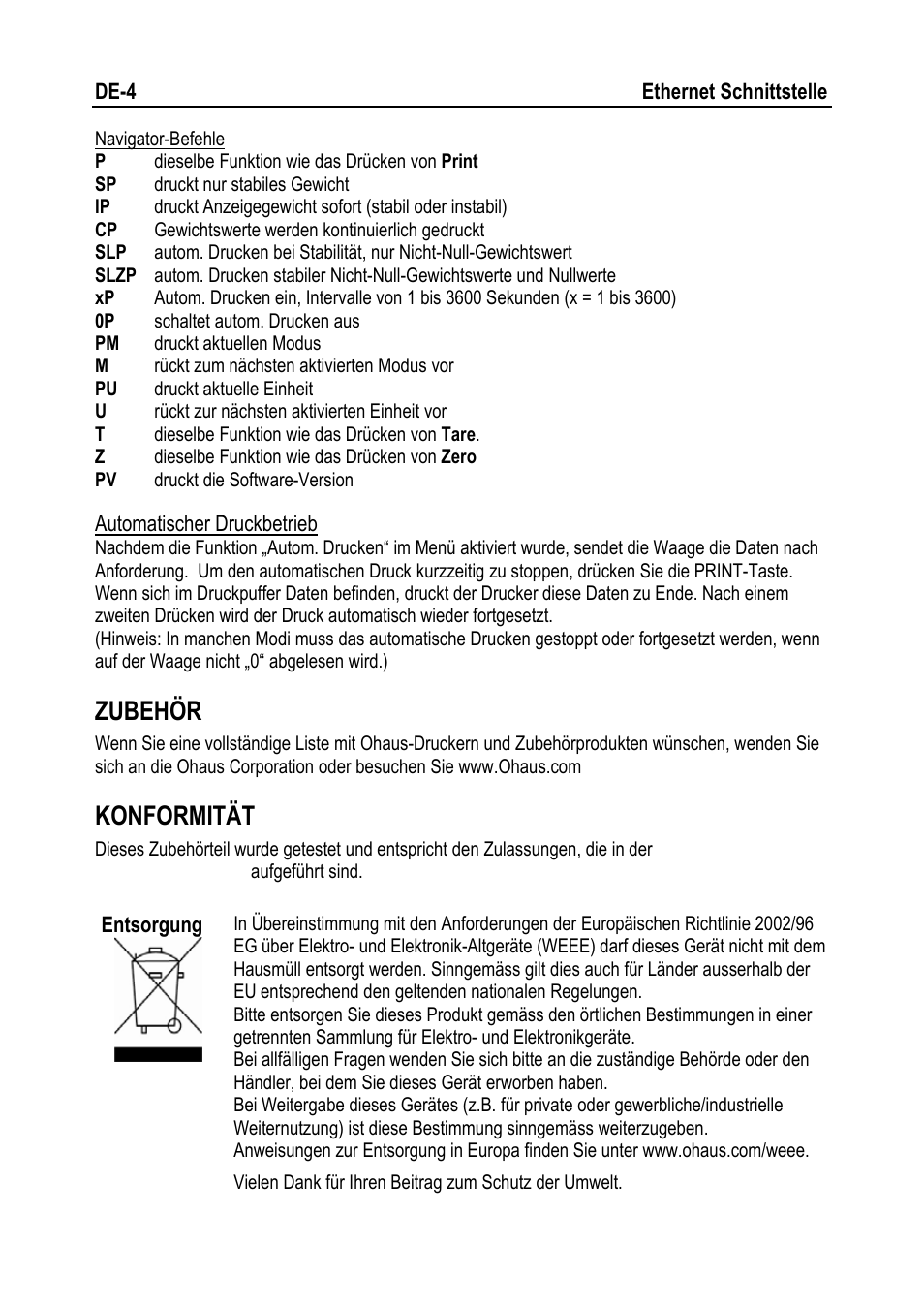 Zubehör, Konformität | Ohaus NAVIGATOR NVT Ethernet Interface Manual multi User Manual | Page 18 / 32