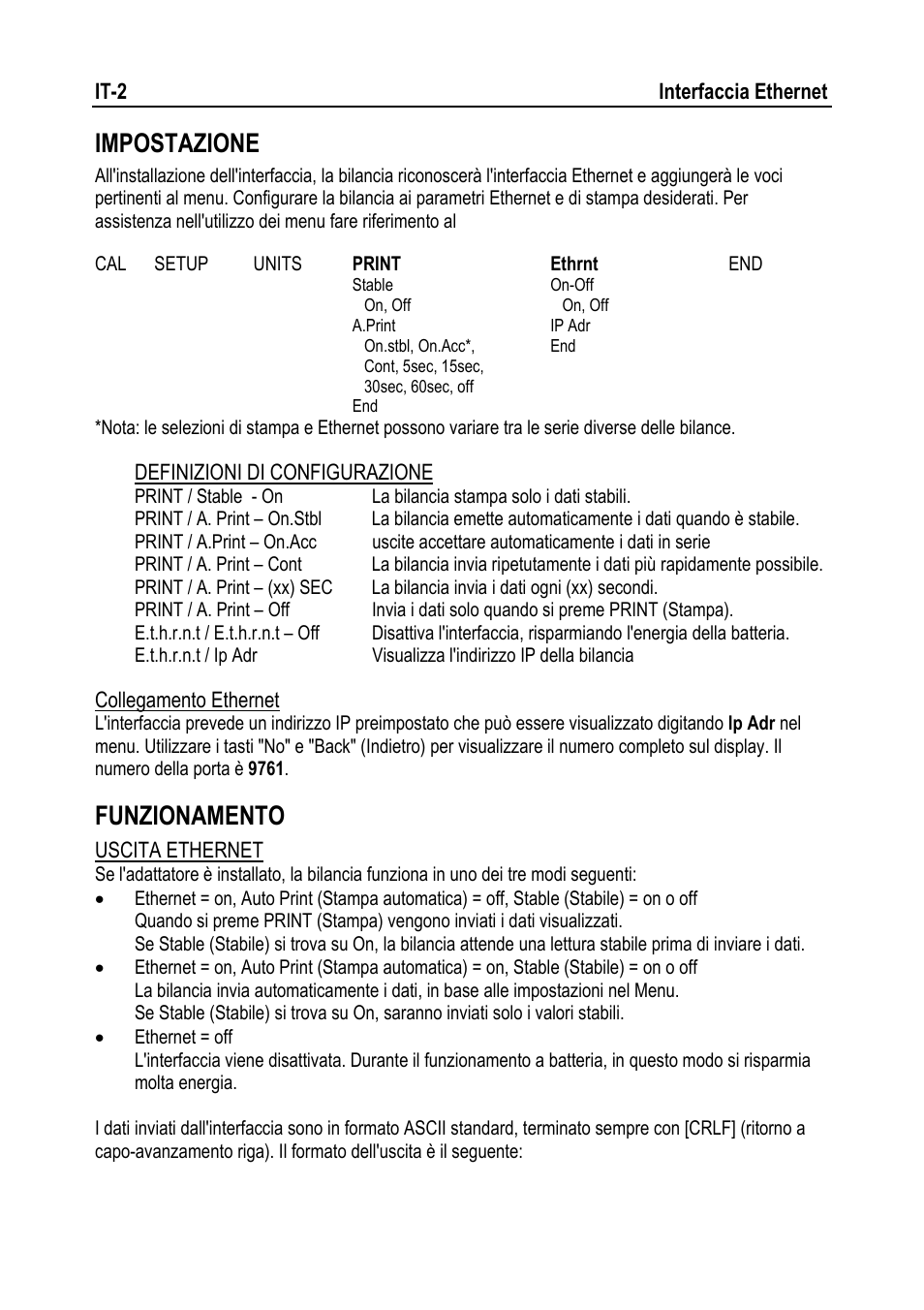 Impostazione, Funzionamento | Ohaus NAVIGATOR NVT Ethernet Interface Manual multi User Manual | Page 20 / 32