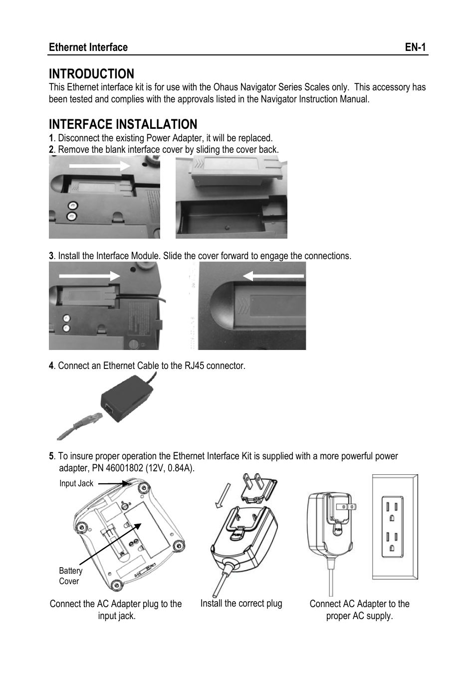 Introduction, Interface installation | Ohaus NAVIGATOR NVT Ethernet Interface Manual multi User Manual | Page 3 / 32