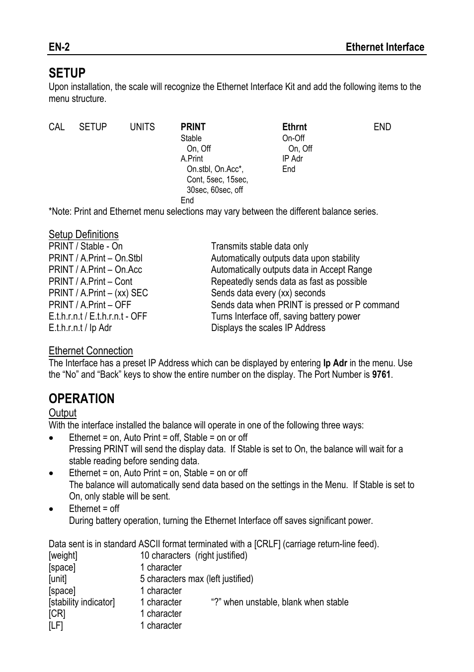 Setup, Operation | Ohaus NAVIGATOR NVT Ethernet Interface Manual multi User Manual | Page 4 / 32