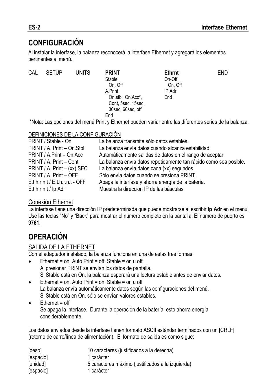 Configuración, Operación | Ohaus NAVIGATOR NVT Ethernet Interface Manual multi User Manual | Page 8 / 32