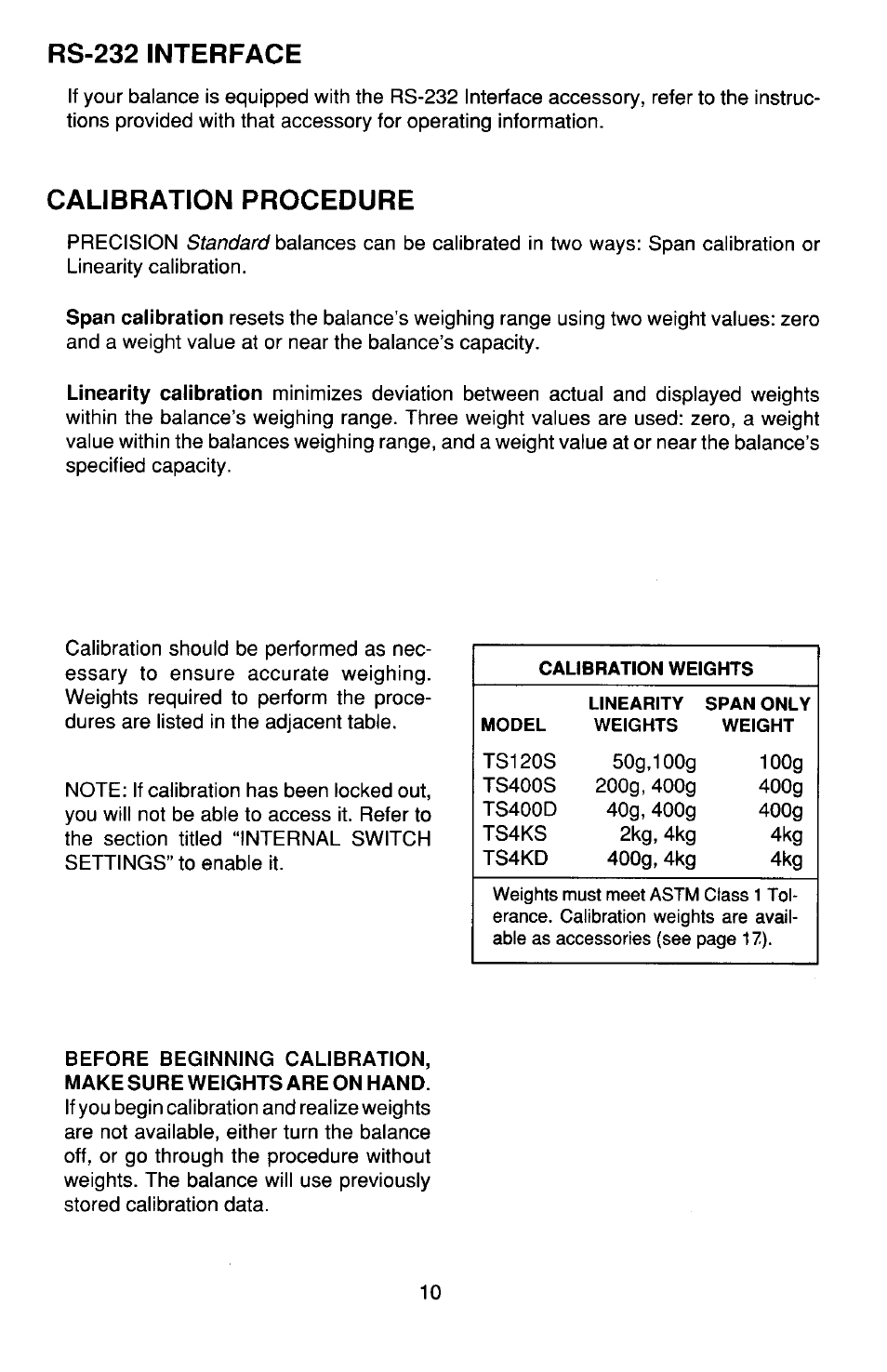 Rs232, Calibration | Ohaus TS Series Electronic Balance User Manual | Page 10 / 77