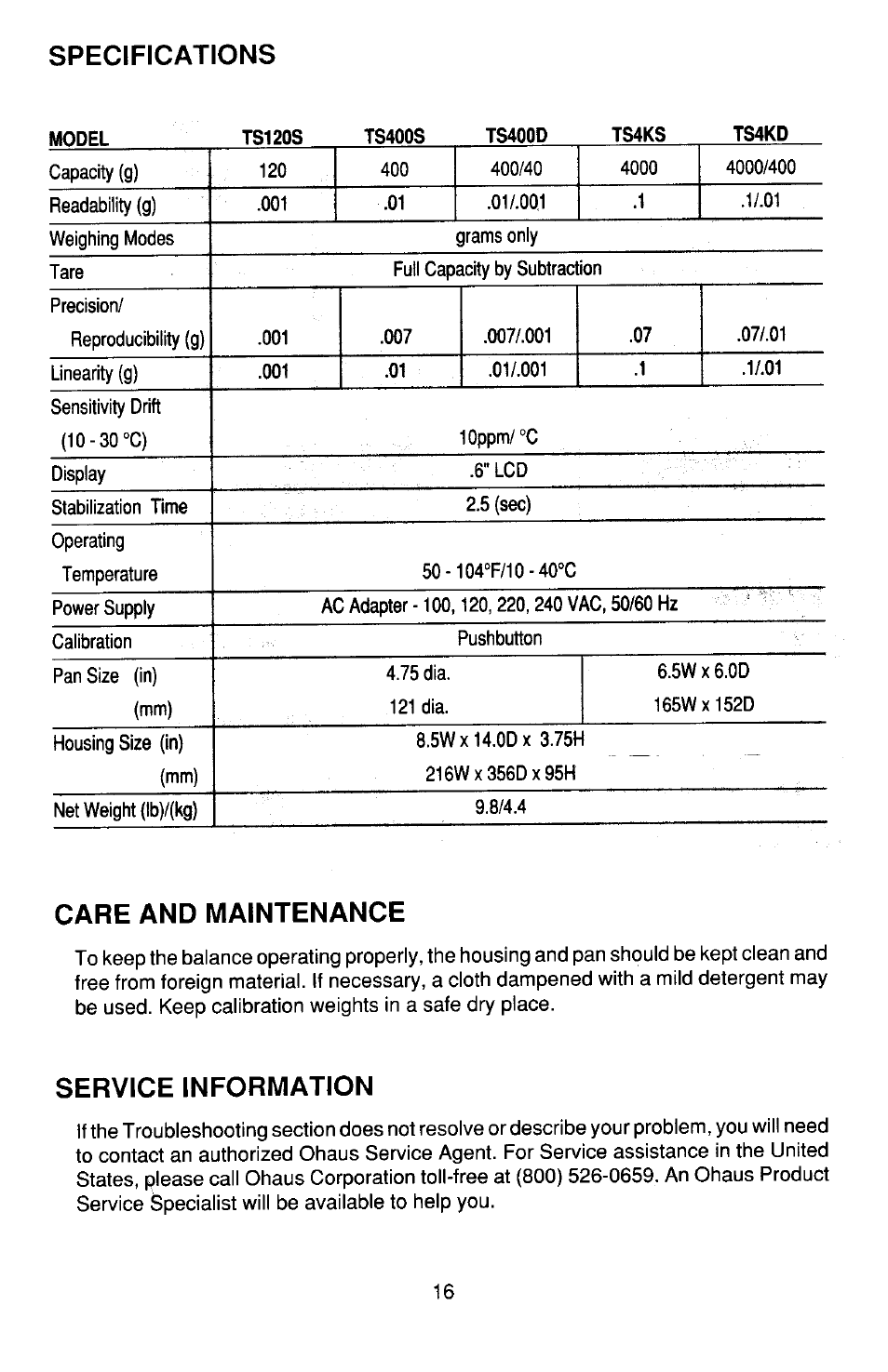 Specifications | Ohaus TS Series Electronic Balance User Manual | Page 16 / 77