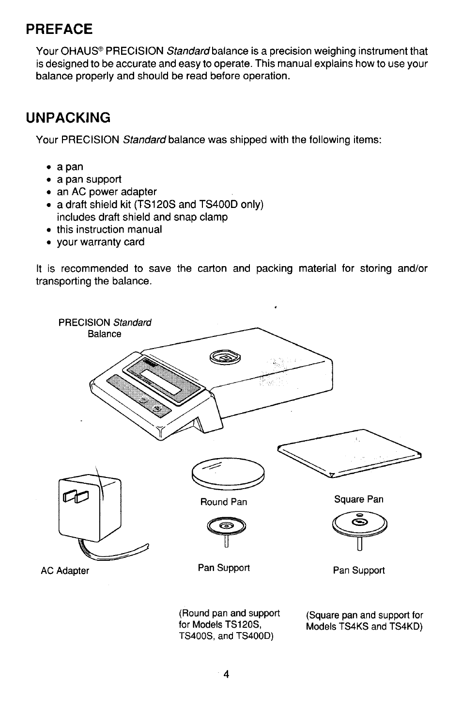 Unpacking | Ohaus TS Series Electronic Balance User Manual | Page 4 / 77