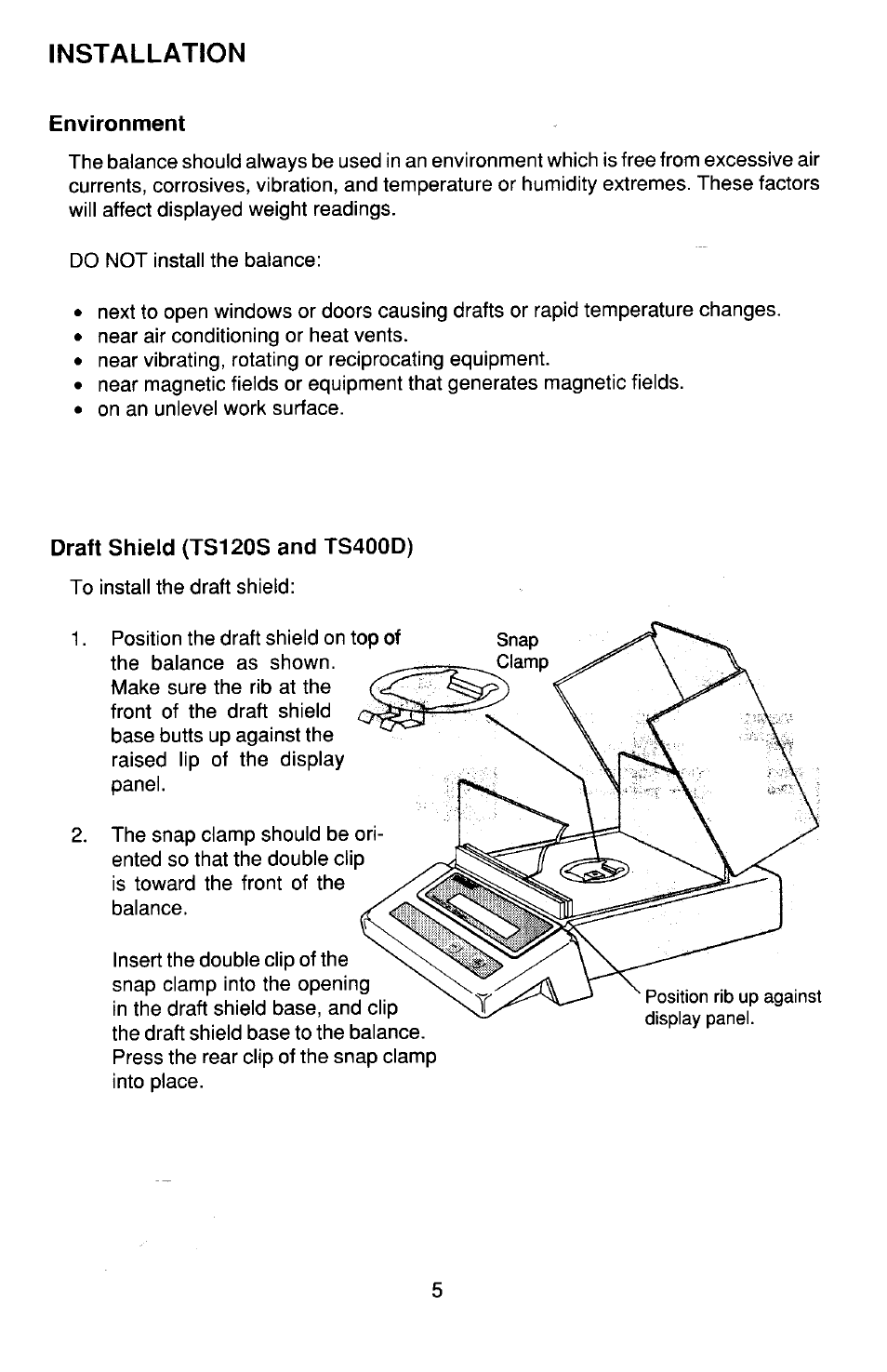 Installation, Environment, Draft shield | Ohaus TS Series Electronic Balance User Manual | Page 5 / 77