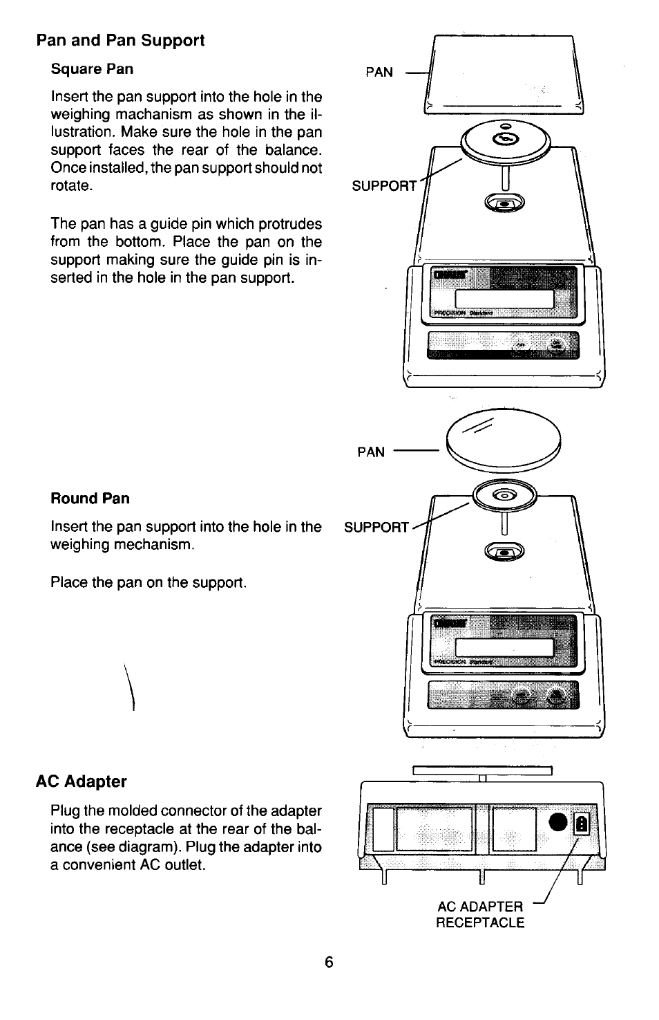 Pan and support, Ac adapter | Ohaus TS Series Electronic Balance User Manual | Page 6 / 77