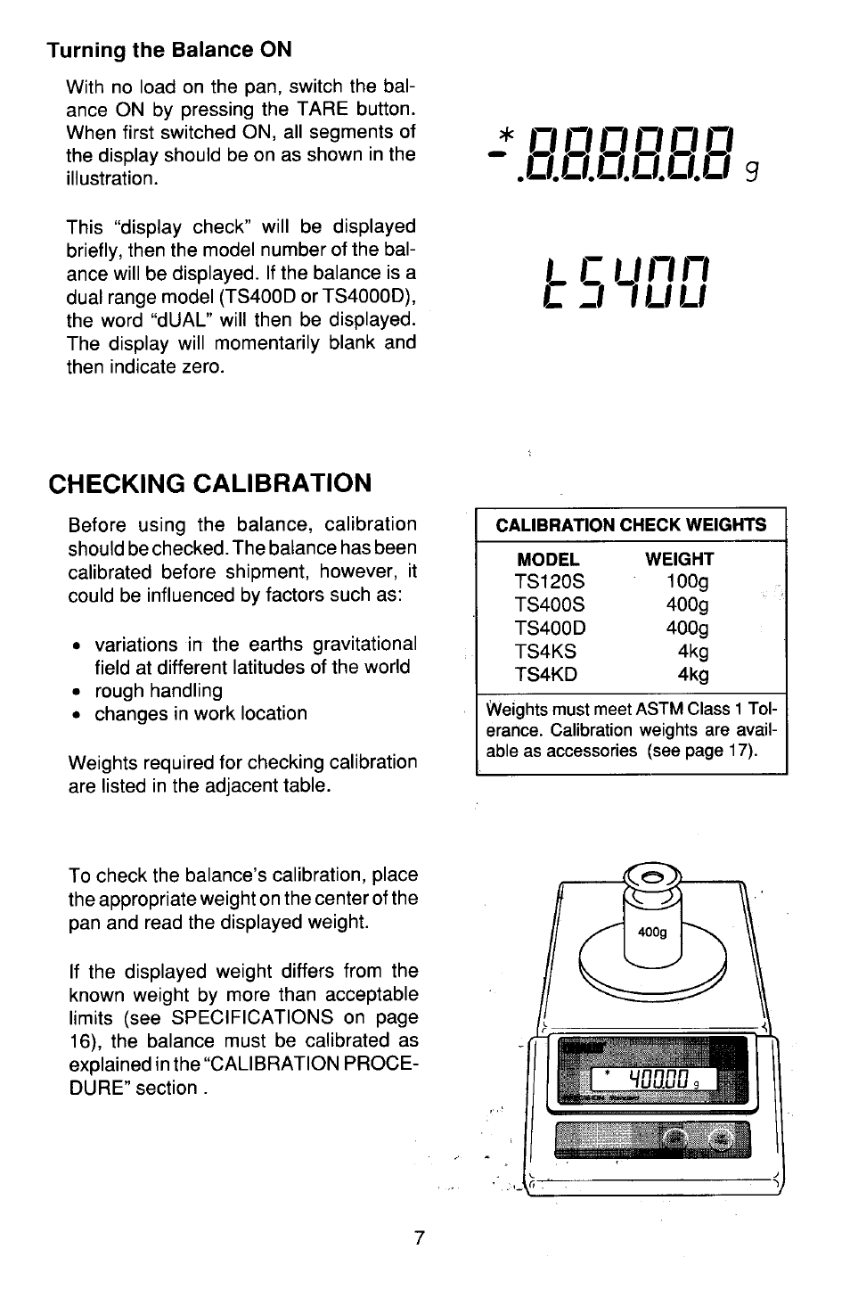 Turning on, Checking calibration | Ohaus TS Series Electronic Balance User Manual | Page 7 / 77