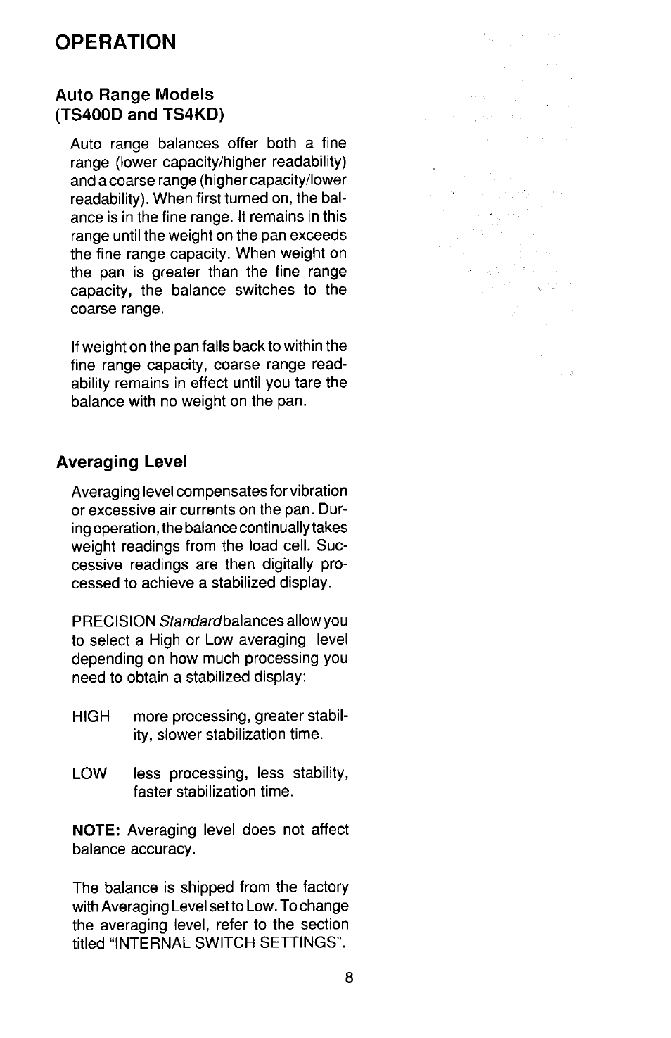 Operation, Auto range, Averaging level | Ohaus TS Series Electronic Balance User Manual | Page 8 / 77