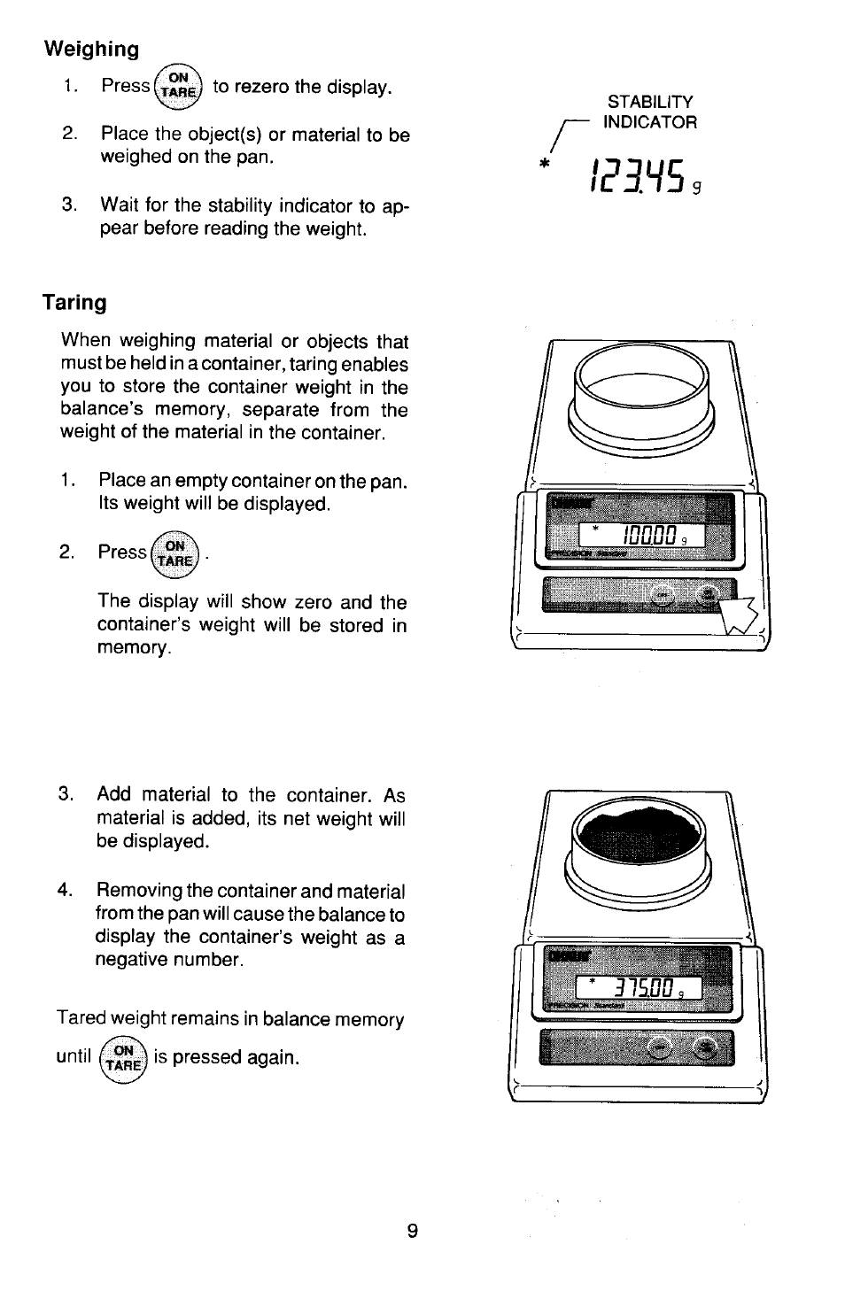 Weighing, Taring | Ohaus TS Series Electronic Balance User Manual | Page 9 / 77