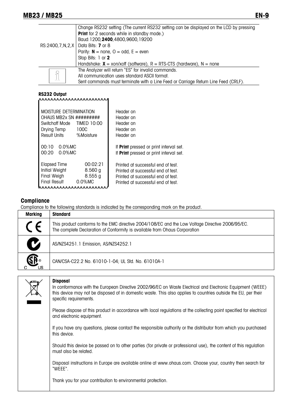 Compliance | Ohaus MB23 MOISTURE ANALYZER Manual it User Manual | Page 11 / 56