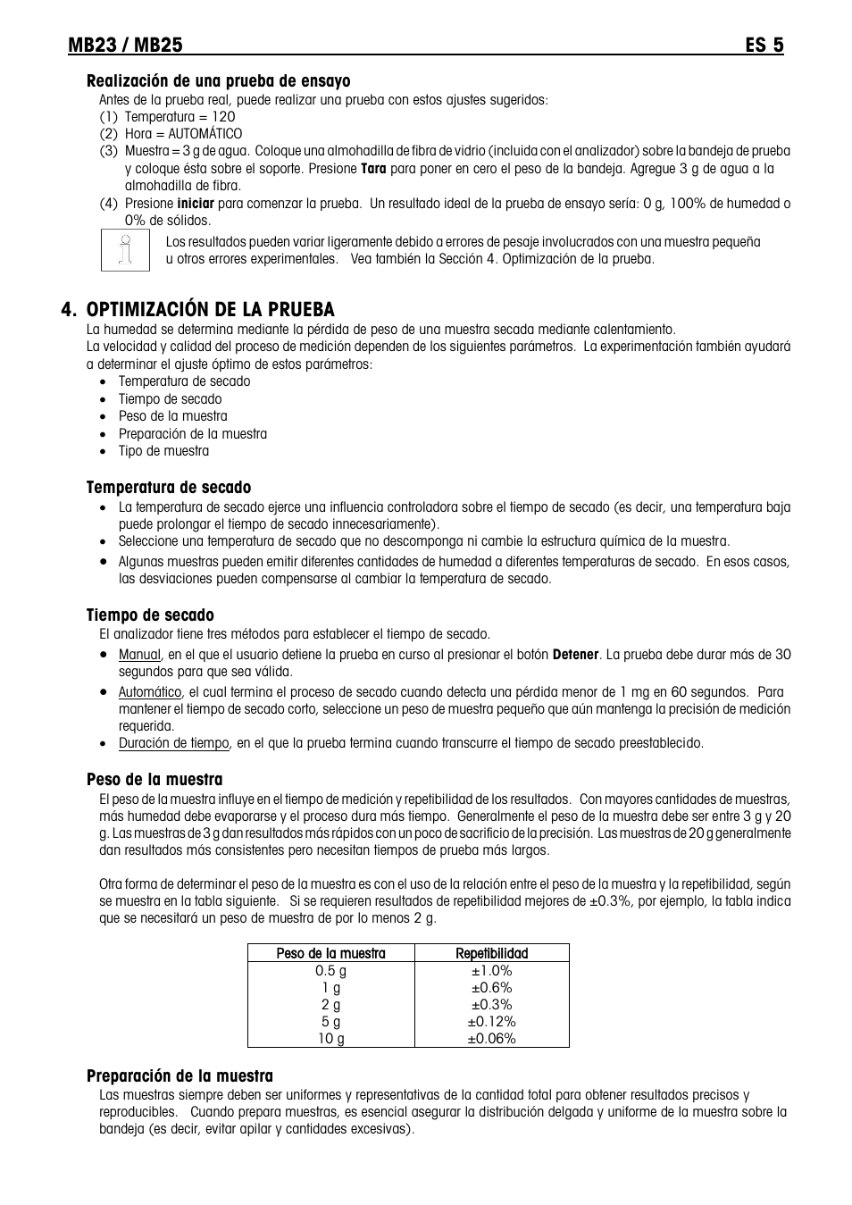 Optimización de la prueba | Ohaus MB23 MOISTURE ANALYZER Manual it User Manual | Page 17 / 56