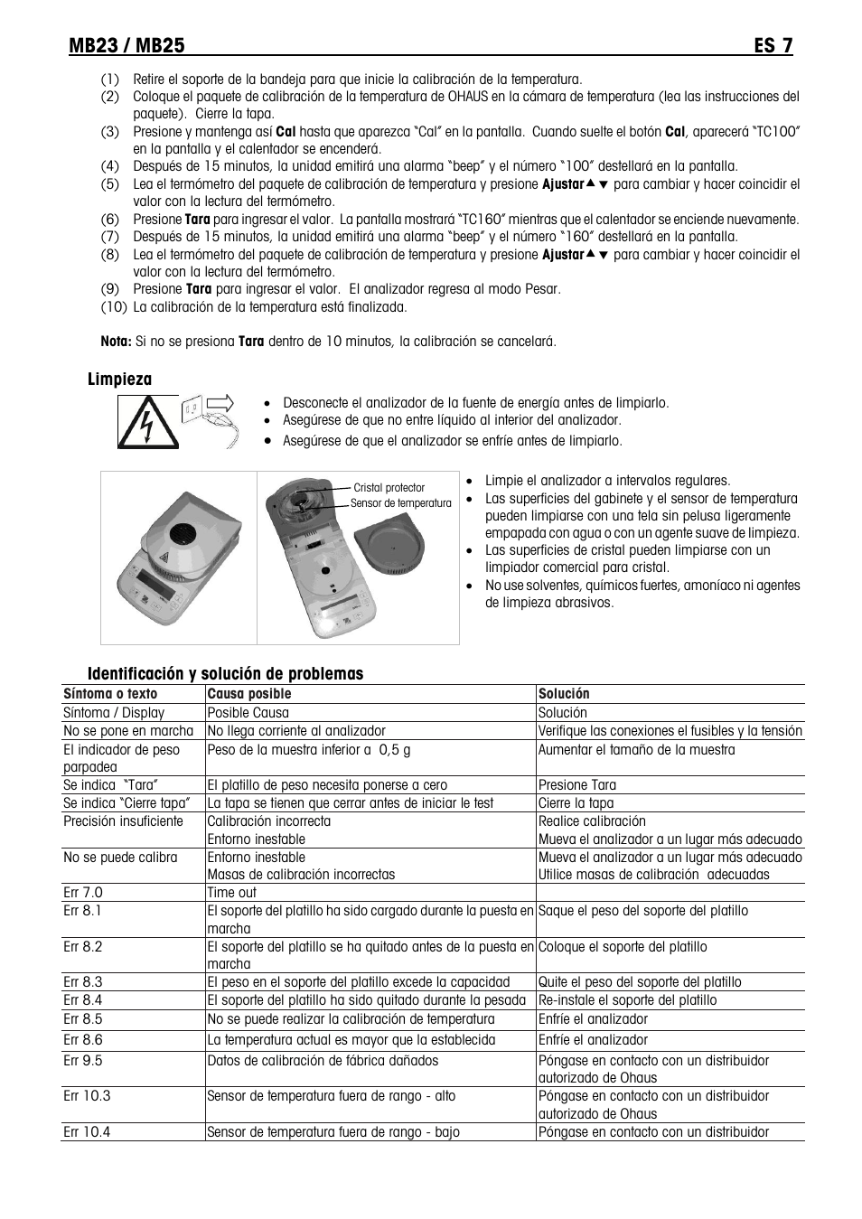 Limpieza, Identificación y solución de problemas | Ohaus MB23 MOISTURE ANALYZER Manual it User Manual | Page 19 / 56