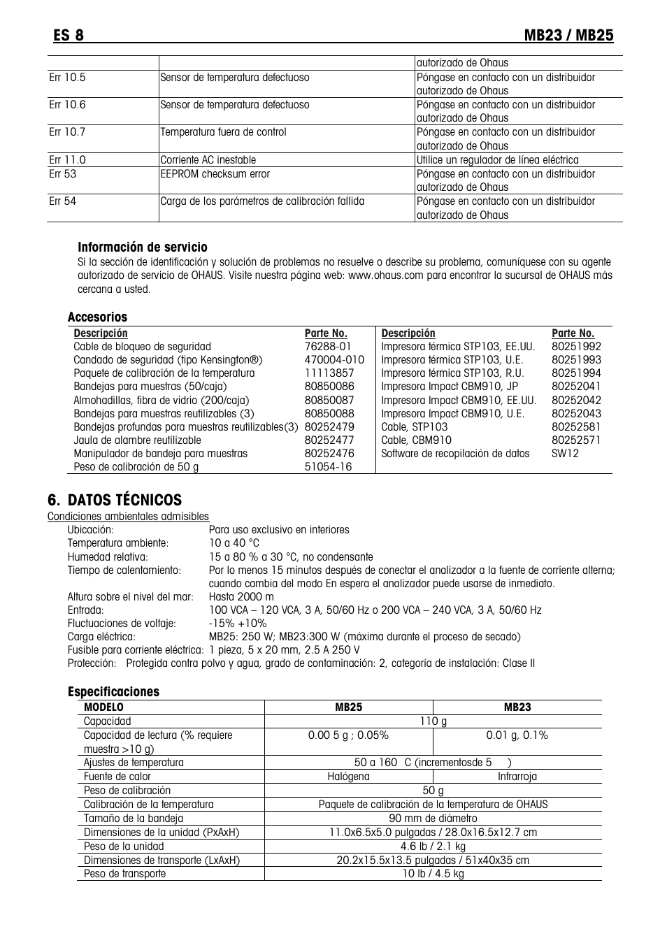 Datos técnicos | Ohaus MB23 MOISTURE ANALYZER Manual it User Manual | Page 20 / 56