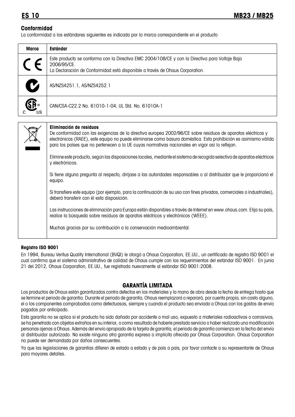 Conformidad, Garantía limitada | Ohaus MB23 MOISTURE ANALYZER Manual it User Manual | Page 22 / 56