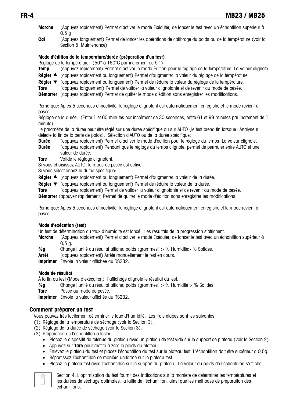 Comment préparer un test | Ohaus MB23 MOISTURE ANALYZER Manual it User Manual | Page 26 / 56