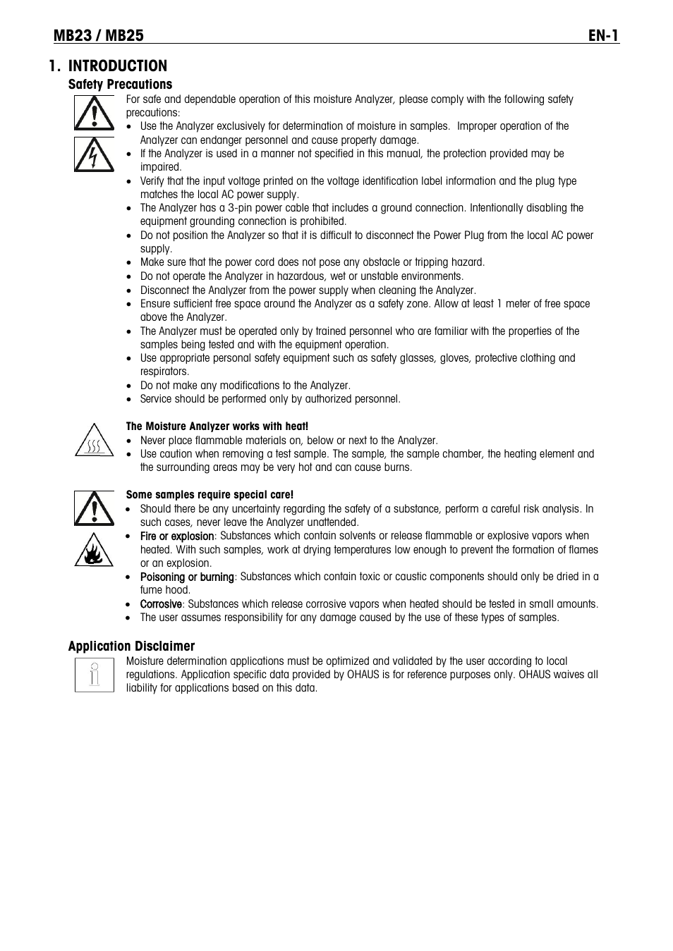 Mb23 en.pdf, Introduction, Safety precautions | Application disclaimer | Ohaus MB23 MOISTURE ANALYZER Manual it User Manual | Page 3 / 56