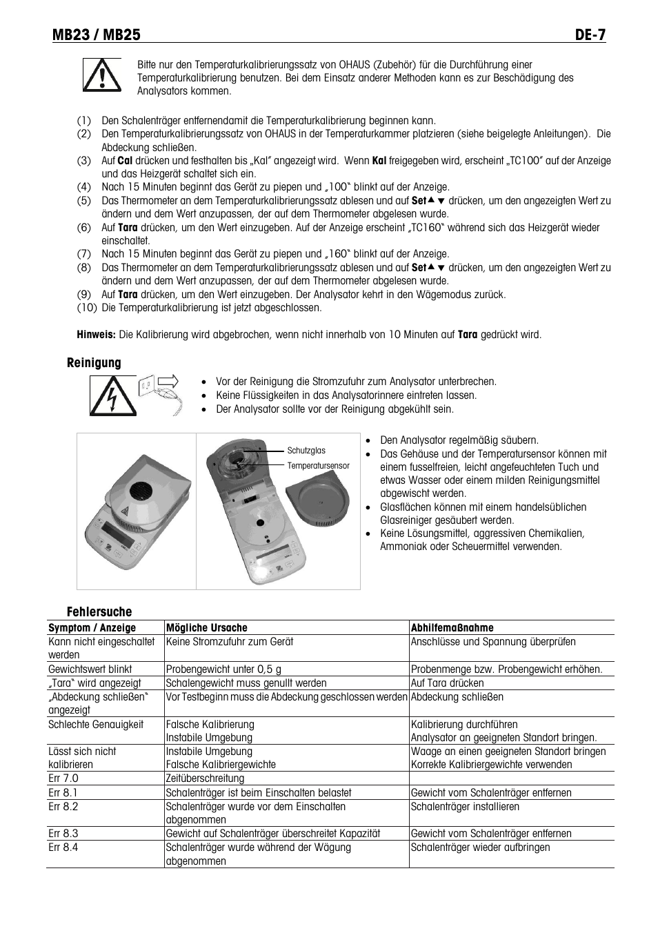 Reinigung, Fehlersuche | Ohaus MB23 MOISTURE ANALYZER Manual it User Manual | Page 40 / 56