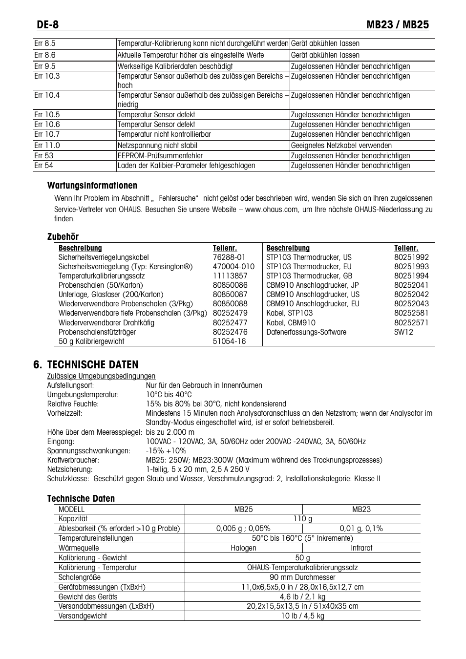 Technische daten | Ohaus MB23 MOISTURE ANALYZER Manual it User Manual | Page 41 / 56