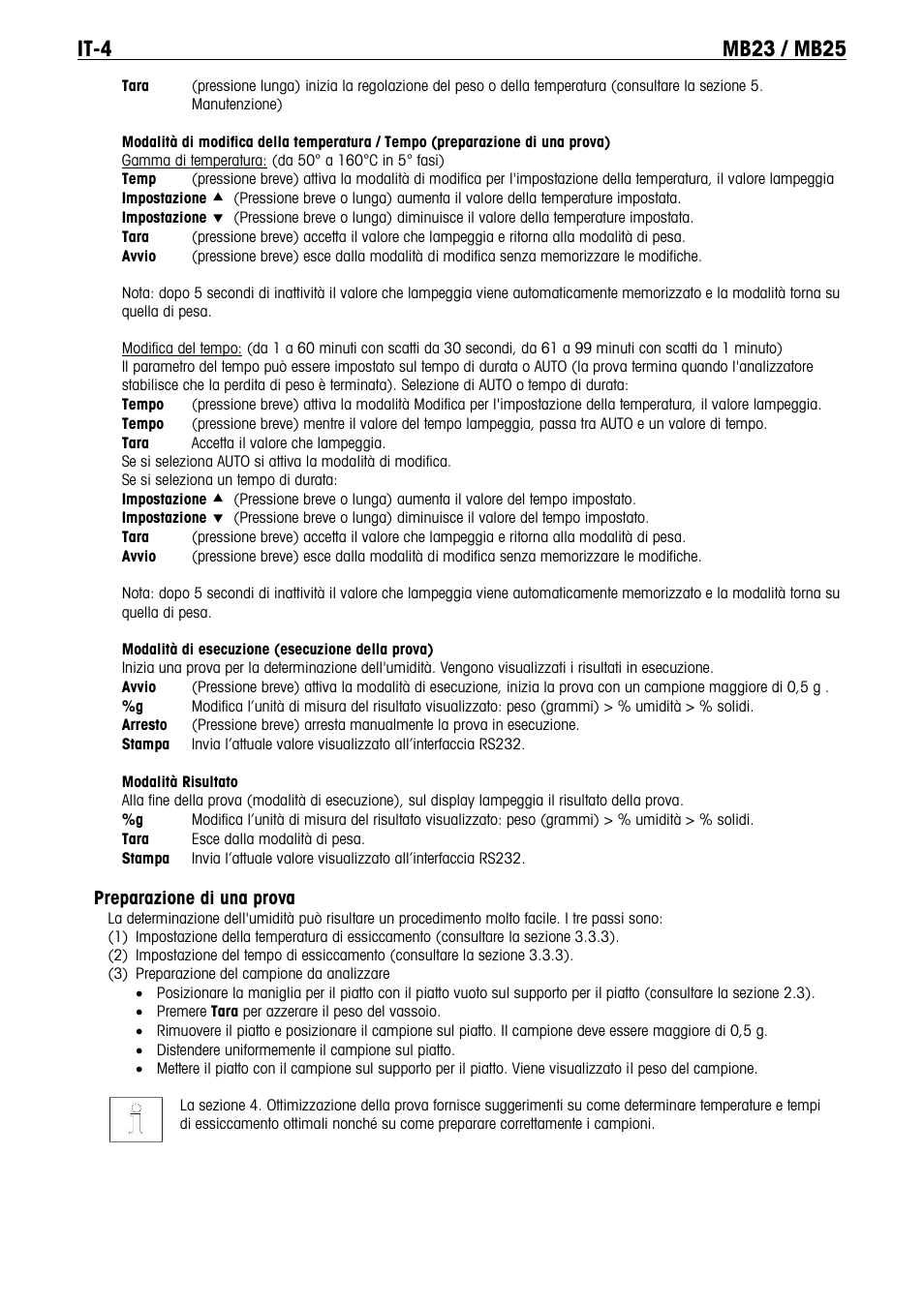 Preparazione di una prova | Ohaus MB23 MOISTURE ANALYZER Manual it User Manual | Page 47 / 56