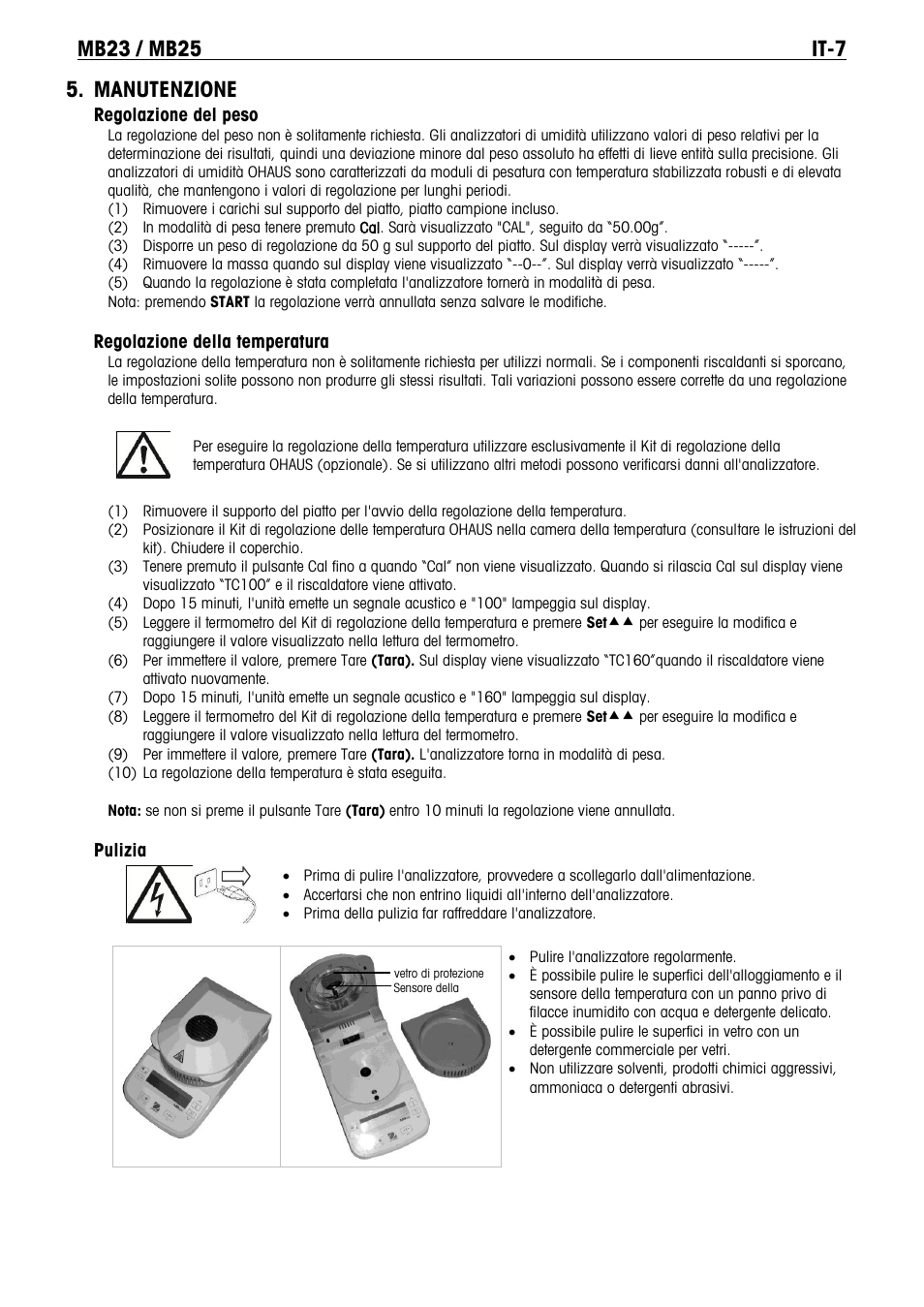 Manutenzione | Ohaus MB23 MOISTURE ANALYZER Manual it User Manual | Page 50 / 56