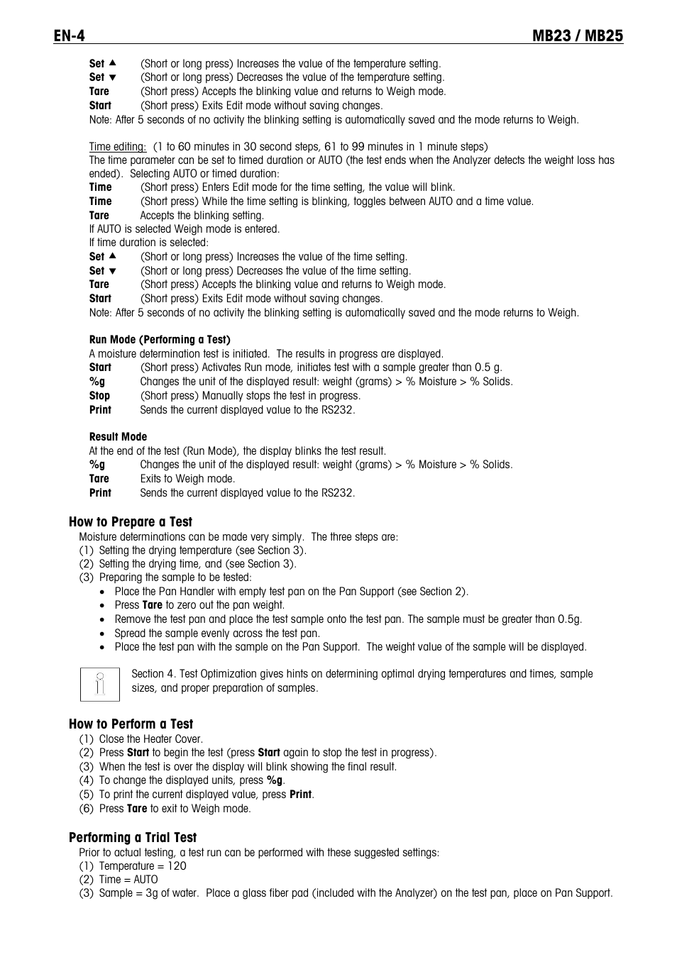 How to prepare a test, How to perform a test, Performing a trial test | Ohaus MB23 MOISTURE ANALYZER Manual it User Manual | Page 6 / 56