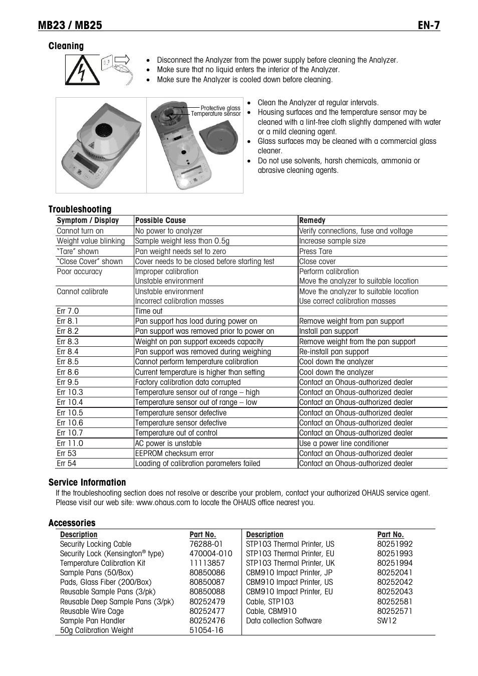Cleaning, Troubleshooting, Service information | Accessories | Ohaus MB23 MOISTURE ANALYZER Manual it User Manual | Page 9 / 56