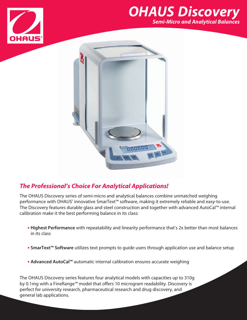 Ohaus DISCOVERY SEMI-MICRO AND ANALYTICAL BALANCES Data Sheet User Manual | 6 pages