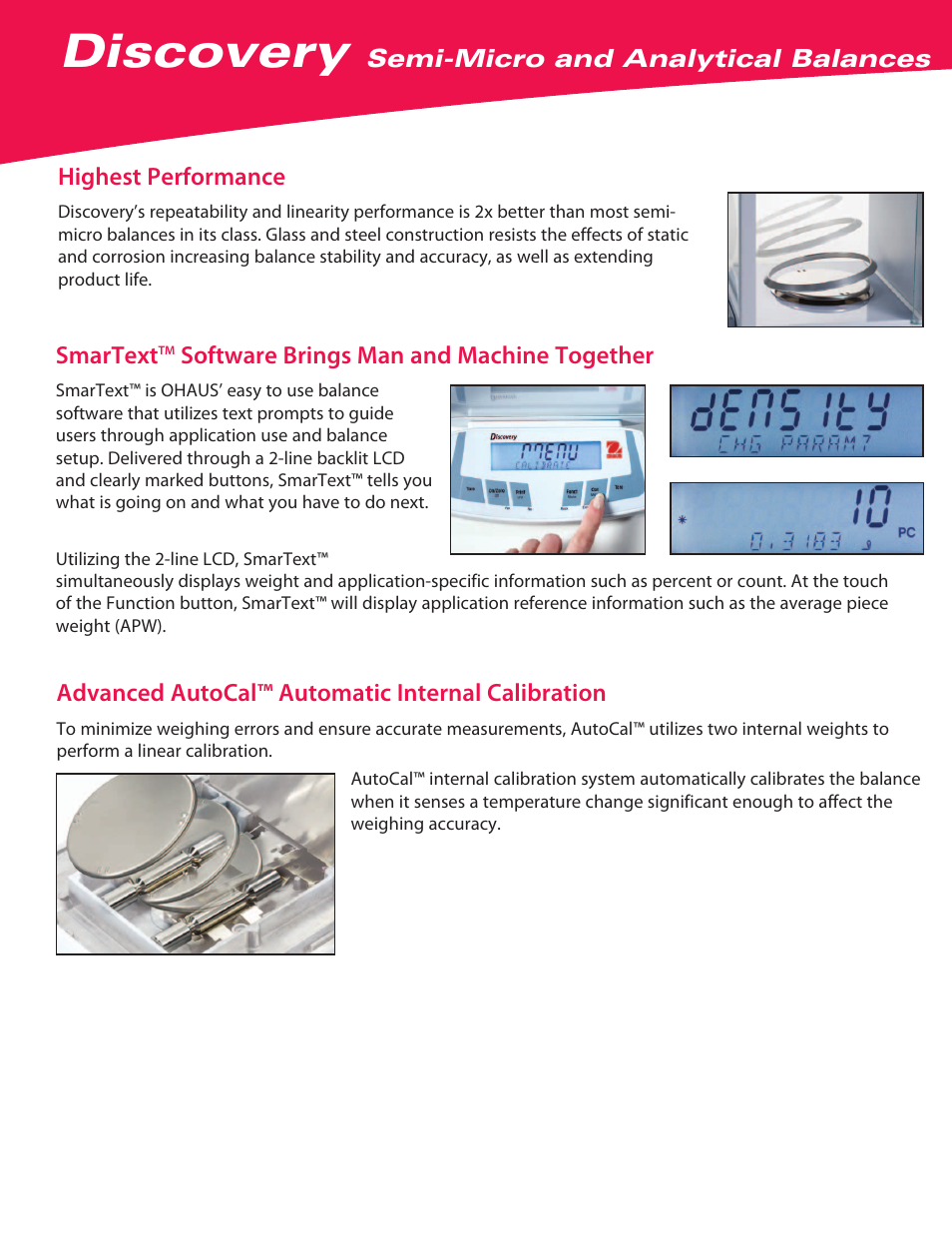 Discovery, Semi-micro and analytical balances smartext, Software brings man and machine together | Highest performance, Advanced autocal™ automatic internal calibration | Ohaus DISCOVERY SEMI-MICRO AND ANALYTICAL BALANCES Data Sheet User Manual | Page 2 / 6