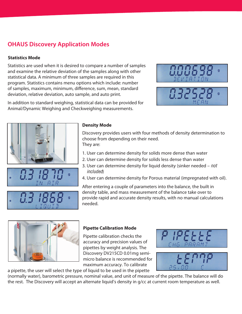 Ohaus discovery application modes | Ohaus DISCOVERY SEMI-MICRO AND ANALYTICAL BALANCES Data Sheet User Manual | Page 3 / 6