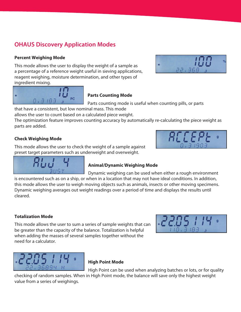 Ohaus discovery application modes | Ohaus DISCOVERY SEMI-MICRO AND ANALYTICAL BALANCES Data Sheet User Manual | Page 4 / 6