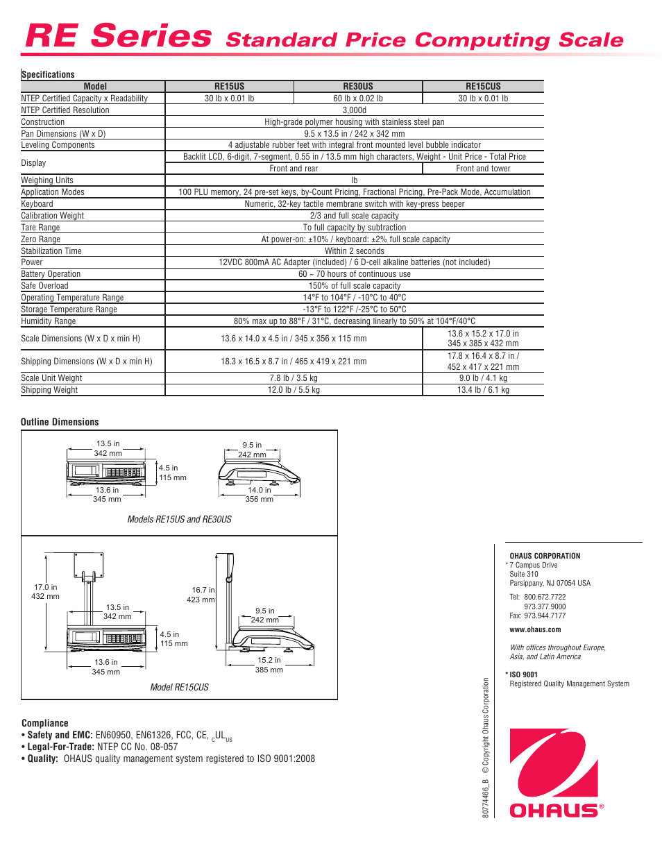 Re series, Standard price computing scale | Ohaus RE PRICE COMPUTING COMPACT SCALES Data Sheet User Manual | Page 2 / 2
