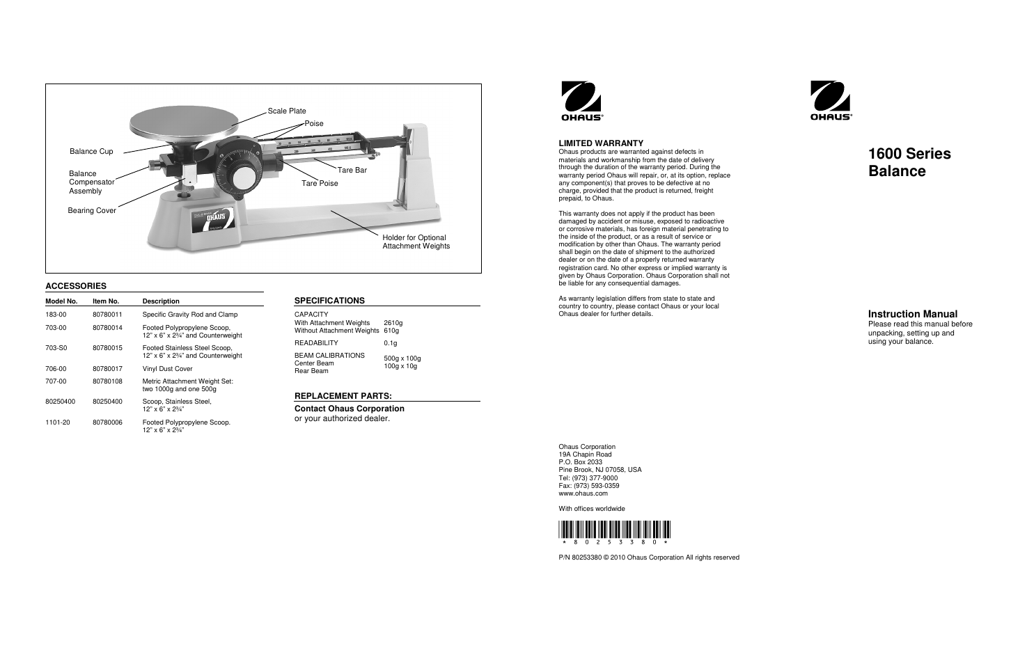 Ohaus TRIPLE BEAM MECHANICAL BALANCES 1600 Series Manual User Manual | 2 pages