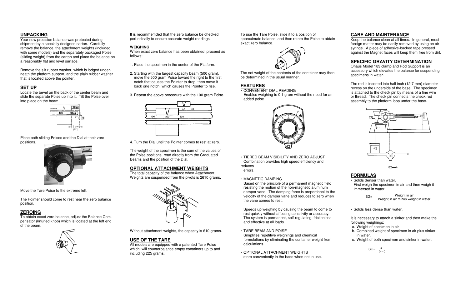 Unpacking, Set up, Zeroing | Optional attachment weights, Use of the tare, Features, Care and maintenance, Specific gravity determination, Formulas | Ohaus TRIPLE BEAM MECHANICAL BALANCES 1600 Series Manual User Manual | Page 2 / 2