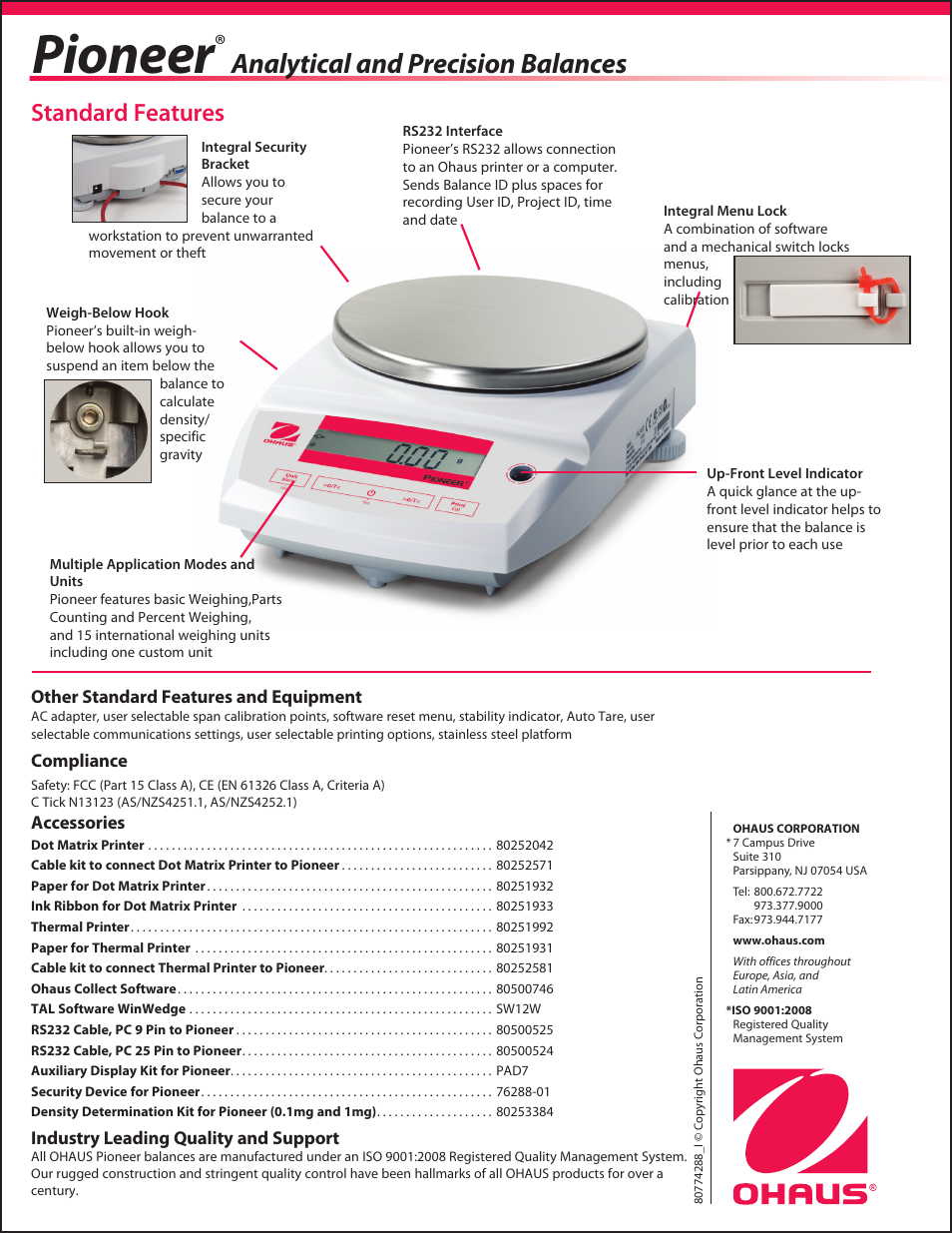 Pioneer, Analytical and precision balances, Standard features | Ohaus PIONEER ANALYTICAL AND PRECISION BALANCES Data Sheet User Manual | Page 4 / 4