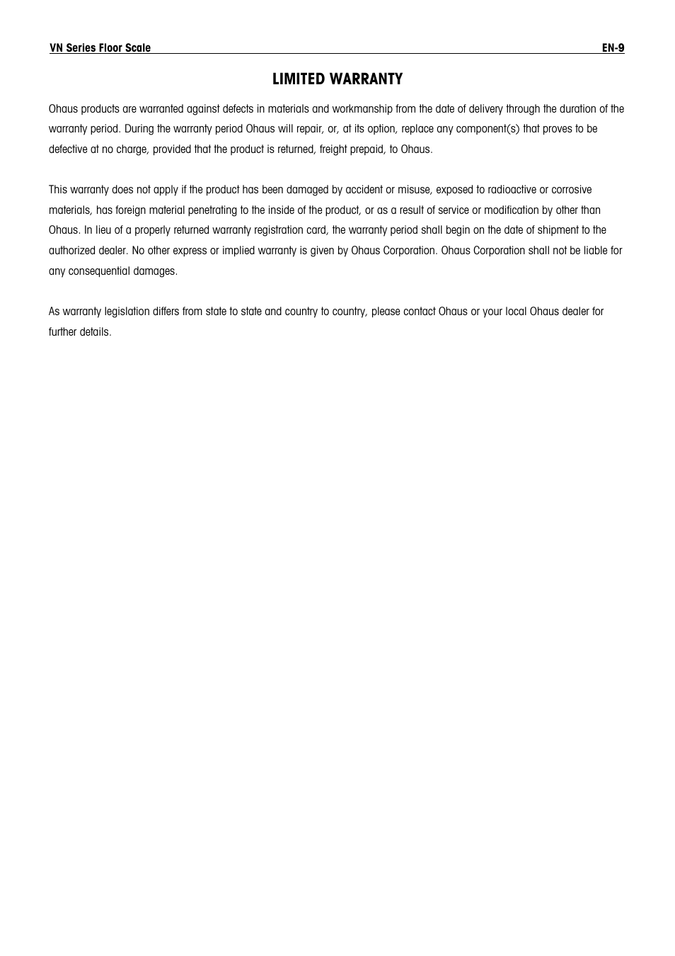 Limited warranty | Ohaus VN Series Floor Scale Manual multi User Manual | Page 11 / 33